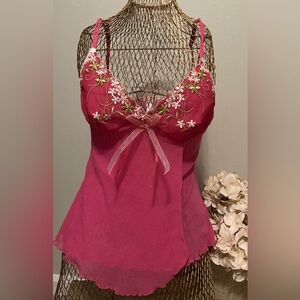 Vintage Y2K Victoria’s Secret Hot Pink Sheer Mesh Floral Embroidered Camisole XS